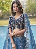 Shaded Blue Pure Organza Lehenga Choli